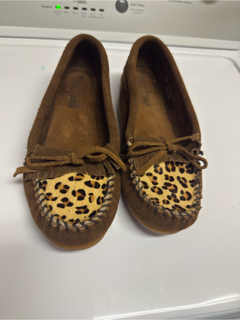Minnetonka Brown Suede Moccasins with Leopard-Print Toe